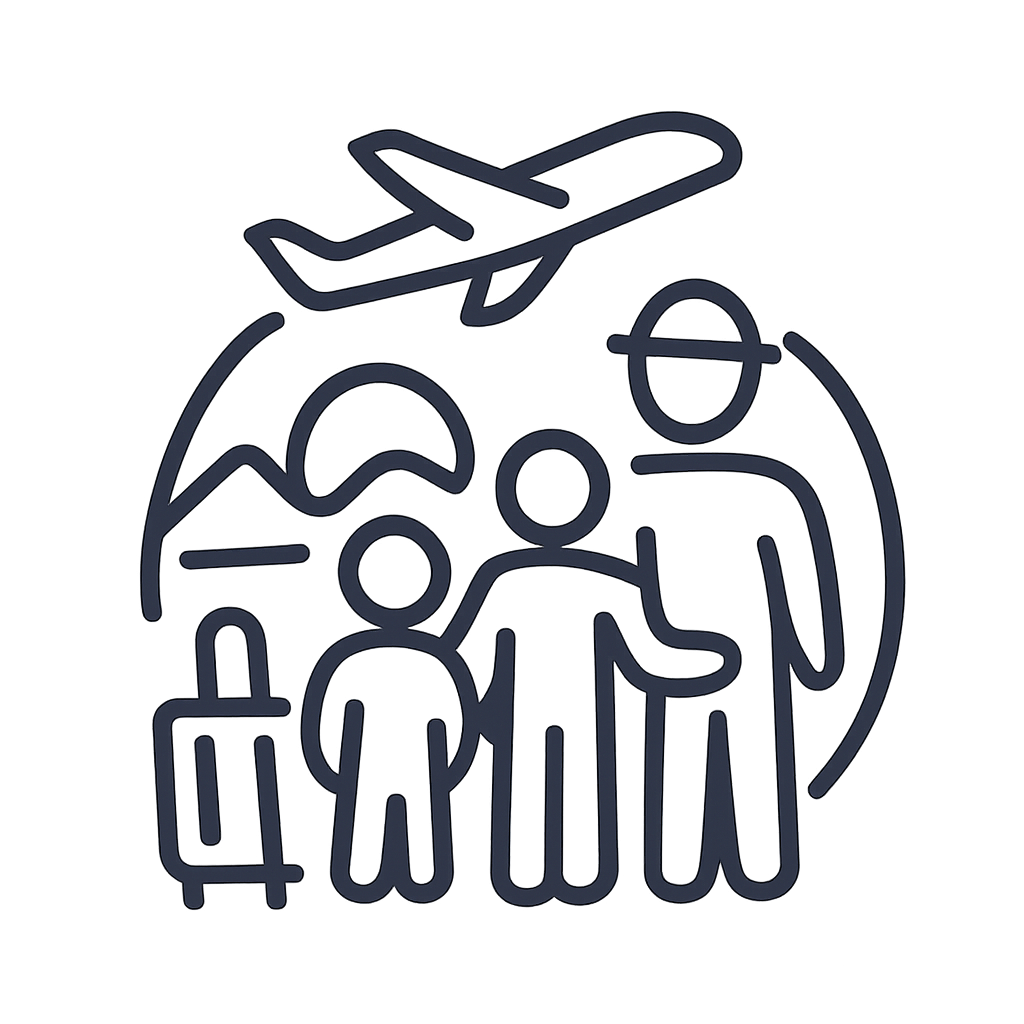 family with a travel bag and airplane directed to the top of the image.